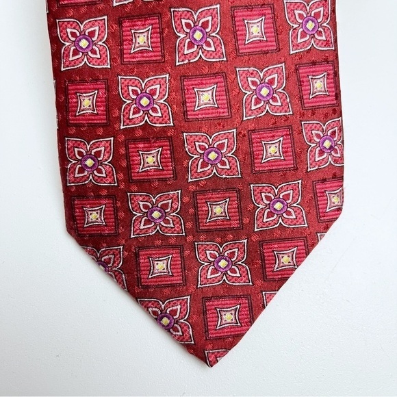 Robert Talbott Carmel Red Retro Kaleidoscope Floral Checkered Hand Sewn Silk Tie - Picture 4 of 7